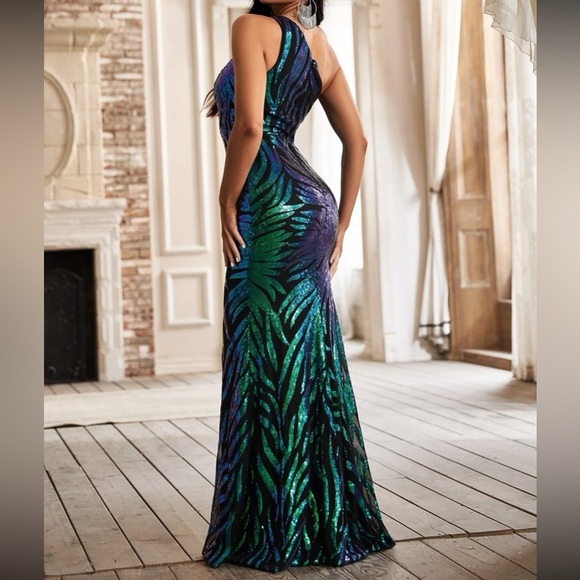 Luxe one shoulder prom bridesmaids formal sequins gown dress - Picture 2 of 9